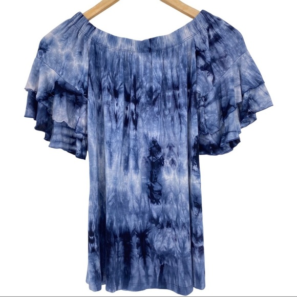 Simply Southern blue white tie dye ruffle sleeve top - Picture 2 of 11